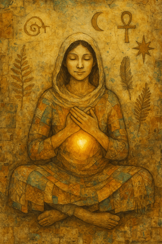 A serene, earth-toned painting of a woman seated cross-legged with her hands over her heart, a soft golden light radiating from her chest. She wears a patchwork robe and a headscarf, with a calm, inward expression. Surrounding her are ancient and nature-based symbols, including a crescent moon, an ankh, a spiral, stars, and ferns - evoking a sense of soulfulness, inner light, and sacred feminine wisdom.
