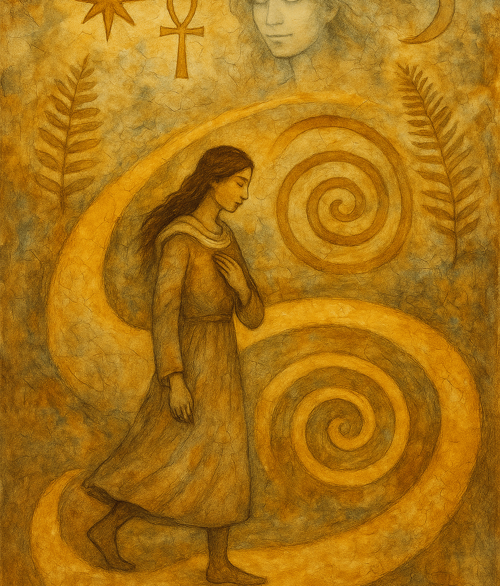 A mixed-media style painting of a barefoot woman walking a golden spiral path through an ancient, symbolic landscape. She wears an earth-toned dress, eyes closed, hand over her heart, radiating serenity and inner knowing. Above her, an ethereal female face watches peacefully from the sky, framed by symbols like the ankh, crescent moon, star, and spirals. Ferns flank the sides, suggesting growth and harmony. The image evokes wholeness, reflection, and the ongoing soul journey.
