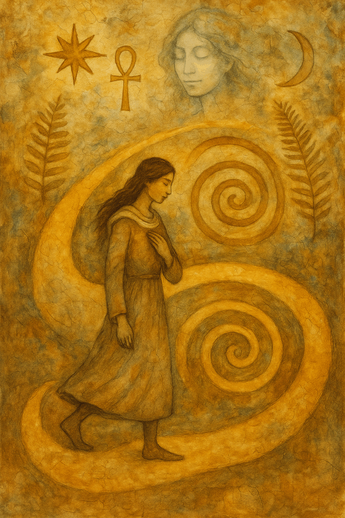 A mixed-media style painting of a barefoot woman walking a golden spiral path through an ancient, symbolic landscape. She wears an earth-toned dress, eyes closed, hand over her heart, radiating serenity and inner knowing. Above her, an ethereal female face watches peacefully from the sky, framed by symbols like the ankh, crescent moon, star, and spirals. Ferns flank the sides, suggesting growth and harmony. The image evokes wholeness, reflection, and the ongoing soul journey.