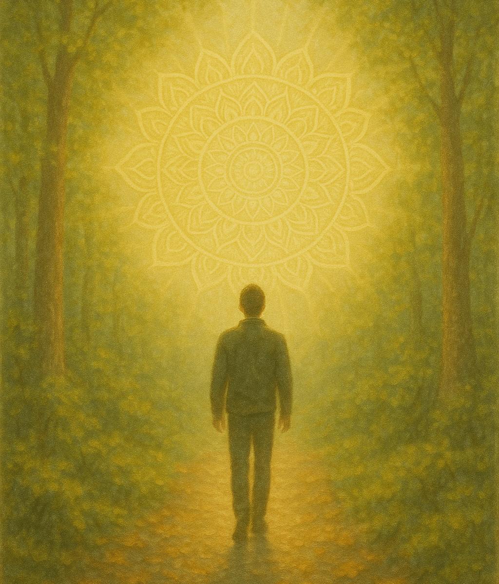 A contemplative mixed-media image of a person walking along a forest path at dawn, symbolising the journey of integration and self-discovery. Earth tones and dappled light evoke a sense of quiet inner transformation.