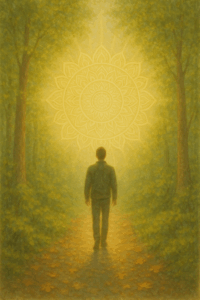 A contemplative mixed-media image of a person walking along a forest path at dawn, symbolising the journey of integration and self-discovery. Earth tones and dappled light evoke a sense of quiet inner transformation.