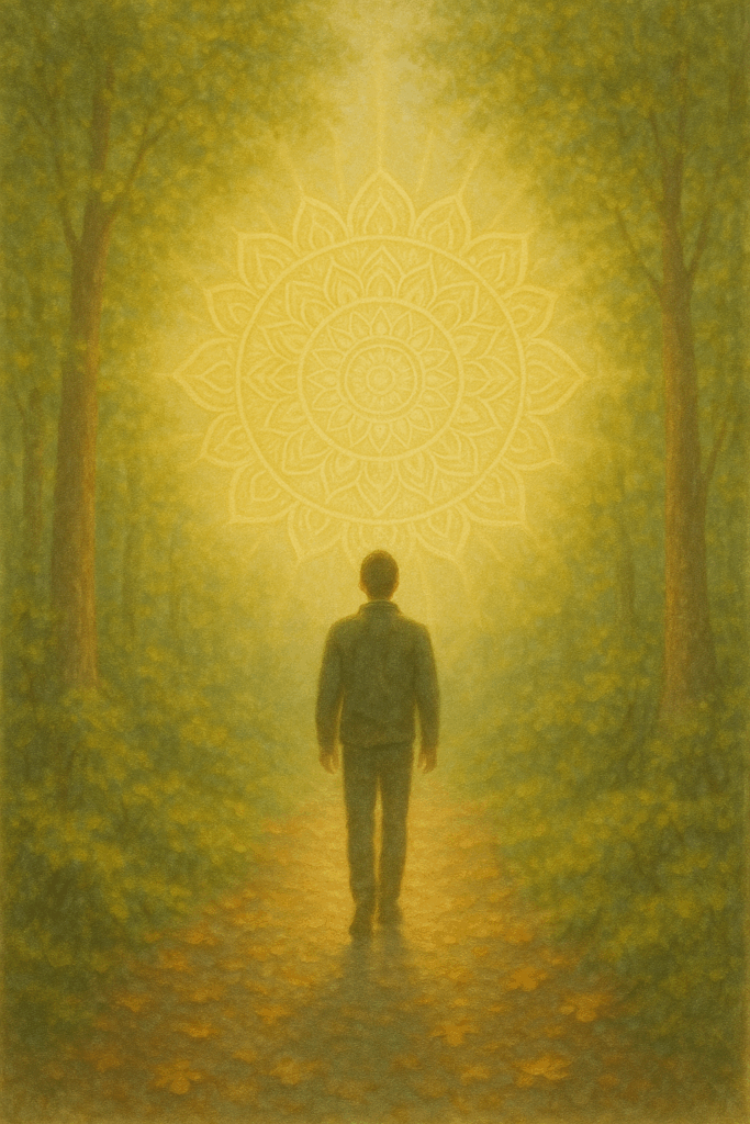 A contemplative mixed-media image of a person walking along a forest path at dawn, symbolising the journey of integration and self-discovery. Earth tones and dappled light evoke a sense of quiet inner transformation.