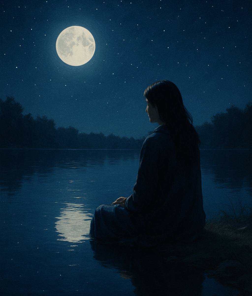 A woman with long dark hair sits quietly at the edge of a still lake under a full moon. She wears a dark cloak and gazes across the water, her reflection visible on the moonlit surface. The night sky is filled with stars, and the surrounding landscape is silhouetted in soft shadow, evoking a mood of contemplation, solitude, and spiritual depth.