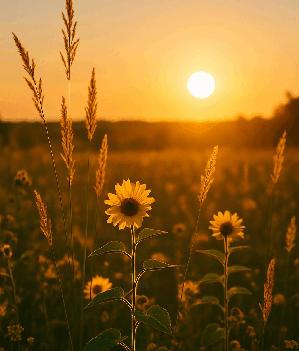 Sunflowers and tall grass glowing in the warm golden light of a summer sunset, with the sun low in the sky over a peaceful meadow
