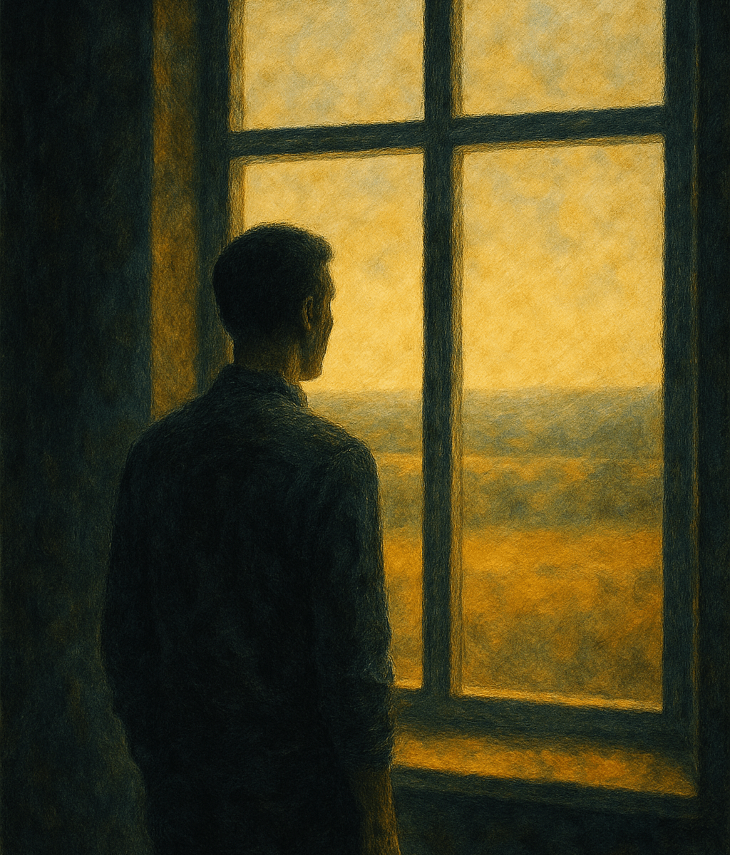 A solitary figure stands by a large window, gazing out at a sunlit landscape. The dark interior contrasts with the warm golden light outside, symbolizing reflection and hope