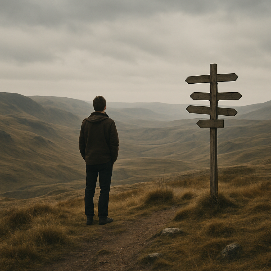 A solitary figure stands on a windswept hill, gazing over a vast, untamed landscape of rolling hills beneath a cloudy sky. Beside them, a weathered wooden signpost points in multiple directions, symbolizing uncertainty and the search for direction.