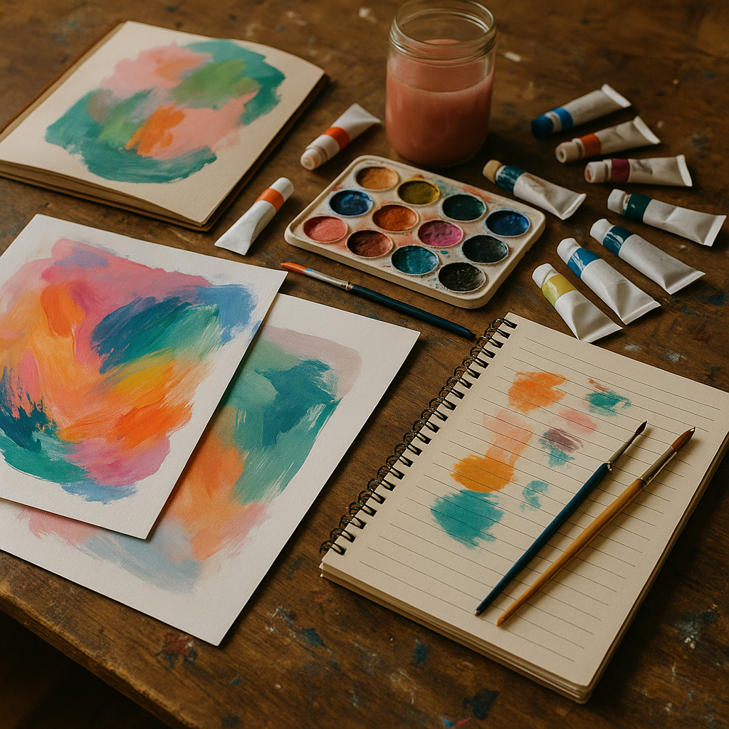 A wooden table filled with painting supplies, including watercolour paints, paint tubes, brushes, a jar of pink-tinted water, and several sheets and notebooks displaying abstract, colourful brushstrokes in vibrant hues like teal, orange, pink, and blue. The scene suggests a creative and expressive art-making process.