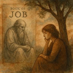 A contemplative woman sits beneath a tree, lost in thought, beside a large, faded image of an elderly man labelled “Book of Job.” The scene, painted in warm, muted tones, evokes a quiet dialogue across time - reflecting on suffering, wisdom, and the search for meaning.