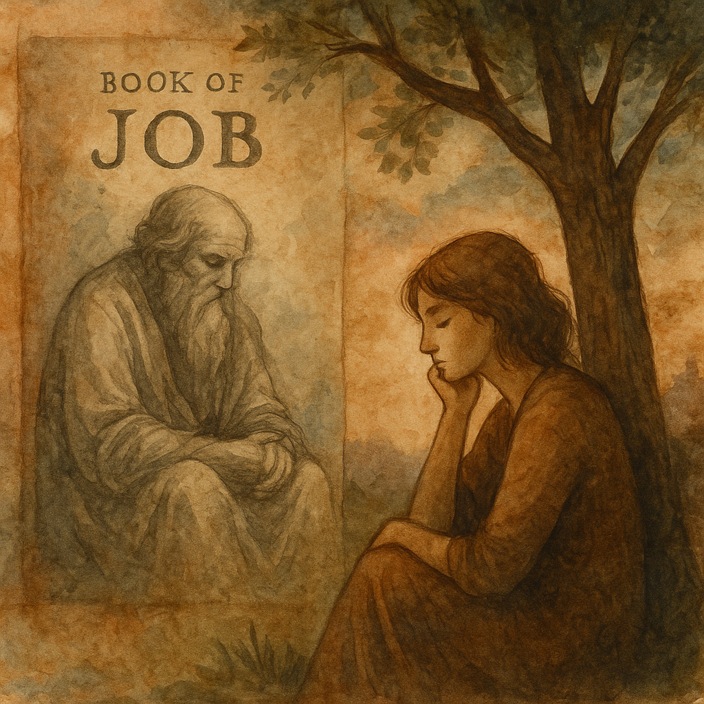 A contemplative woman sits beneath a tree, lost in thought, beside a large, faded image of an elderly man labelled “Book of Job.” The scene, painted in warm, muted tones, evokes a quiet dialogue across time - reflecting on suffering, wisdom, and the search for meaning.