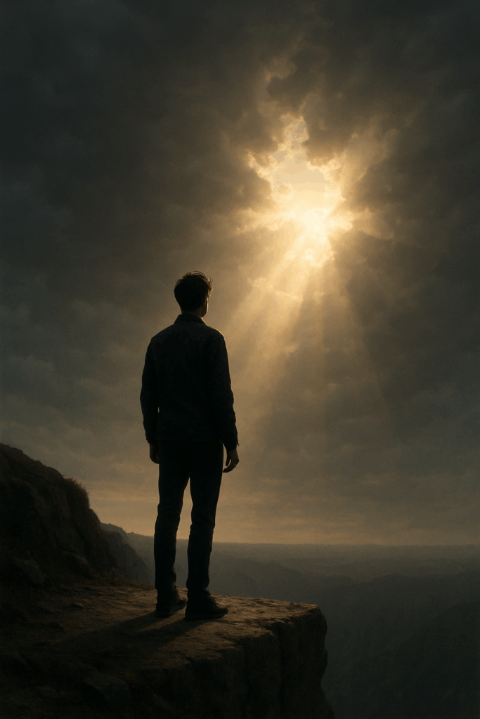 A solitary figure stands on the edge of a rocky cliff, gazing toward a dramatic sky where sunlight breaks through dark clouds, symbolizing hope amidst uncertainty