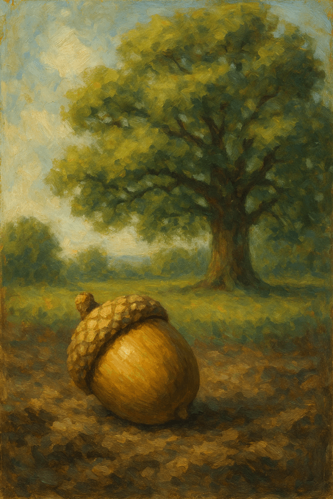 Oil painting-style image of a single acorn resting on the ground in the foreground, with a fully grown oak tree standing tall in the distance. The scene is bathed in warm, earthy tones, evoking a sense of natural growth, potential, and continuity