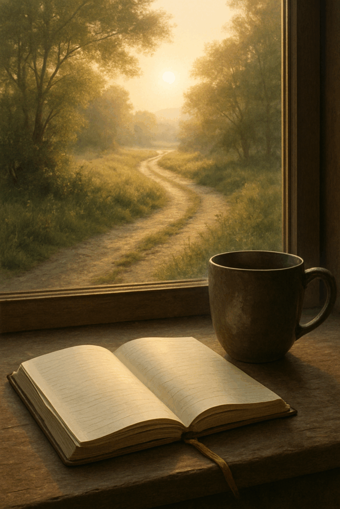 An open notebook and ceramic mug rest on a wooden windowsill, overlooking a sunlit countryside path winding through trees, evoking quiet reflection and possibility