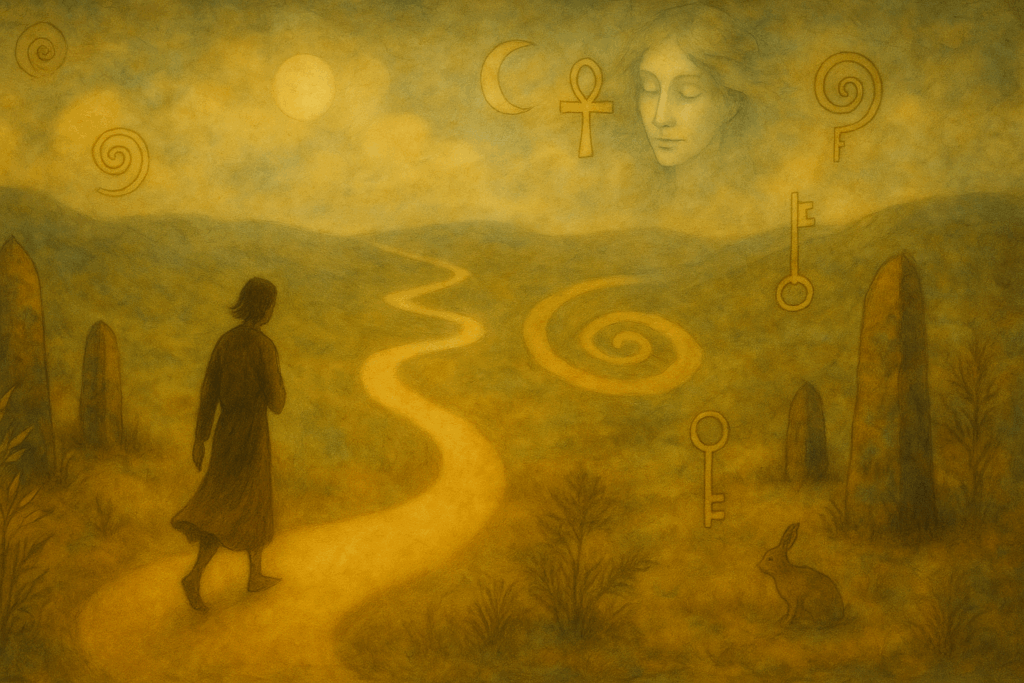 A barefoot figure walking a luminous spiral path through a dreamlike, ancient landscape. Around them, faint glowing symbols (spirals, keys, moons, the ankh) float gently in the air. In the sky, a serene, ethereal face watches over the scene, blending into clouds. The atmosphere is golden and textured, suggesting both warmth and mystery. The path winds past standing stones, wild plants, and quiet animal guides, inviting reflection, presence, and inner knowing. Style: mixed media, mythic, soft, textured, contemplative.