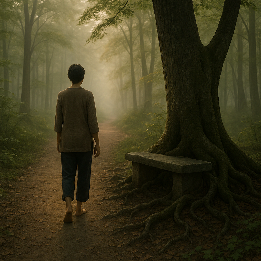 A solitary figure walking a forest path at dawn, pausing beside a tree with visible roots. The image suggests a quiet, soulful turning away from the mainstream.