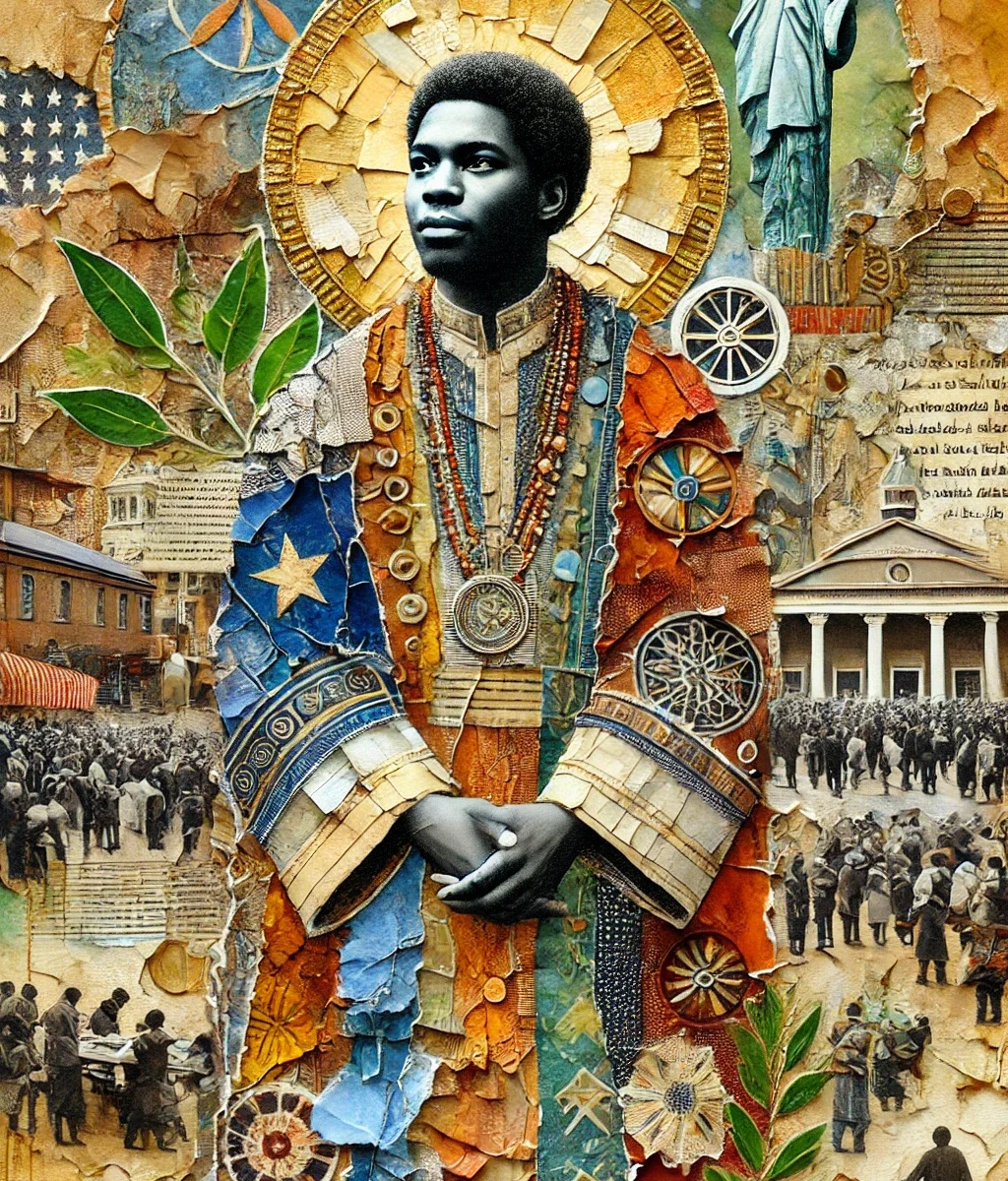 Collage-style portrait of a Black man in regal, patchwork robes symbolizing the Egalitarian archetype, surrounded by historical civil rights imagery, justice symbols, and American iconography