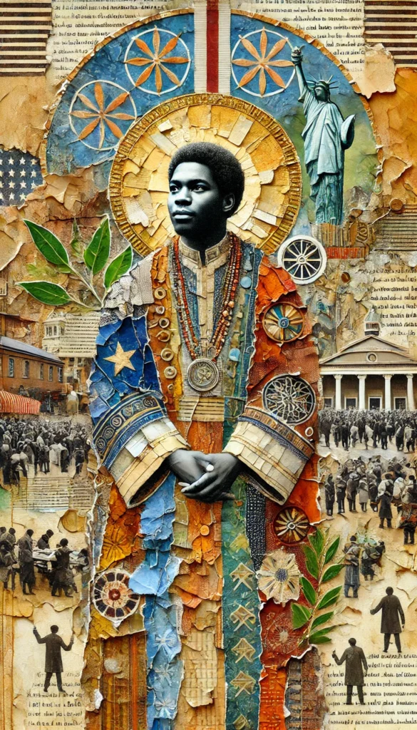 Collage-style portrait of a Black man in regal, patchwork robes symbolizing the Egalitarian archetype, surrounded by historical civil rights imagery, justice symbols, and American iconography