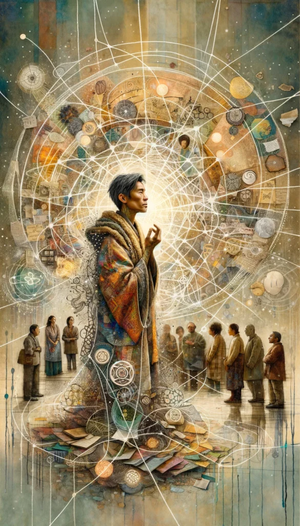 A symbolic artwork of the Webster archetype, showing a robed figure weaving radiant threads of light that connect people in community. Surrounding them are intricate patterns, symbols, and faces, representing interconnectedness, empathy, and the weaving of human stories into a collective whole.