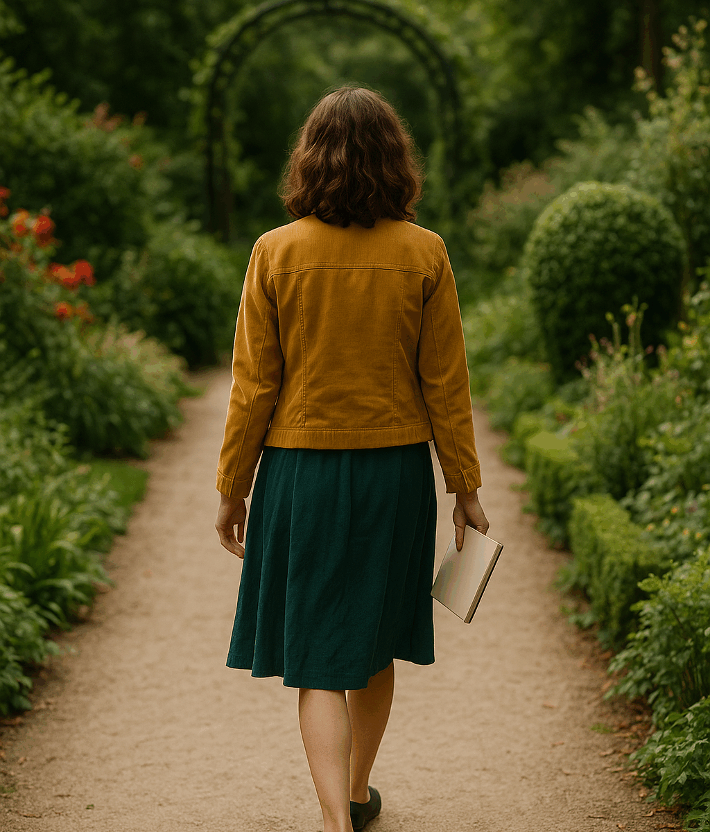 A woman with shoulder-length brown hair walks alone down a garden path, holding a notebook in her right hand. She wears a mustard-yellow jacket and a dark green dress. The path is lined with lush greenery and blooming red flowers, with a metal archway visible in the distance, evoking a sense of quiet reflection and creative solitude.
