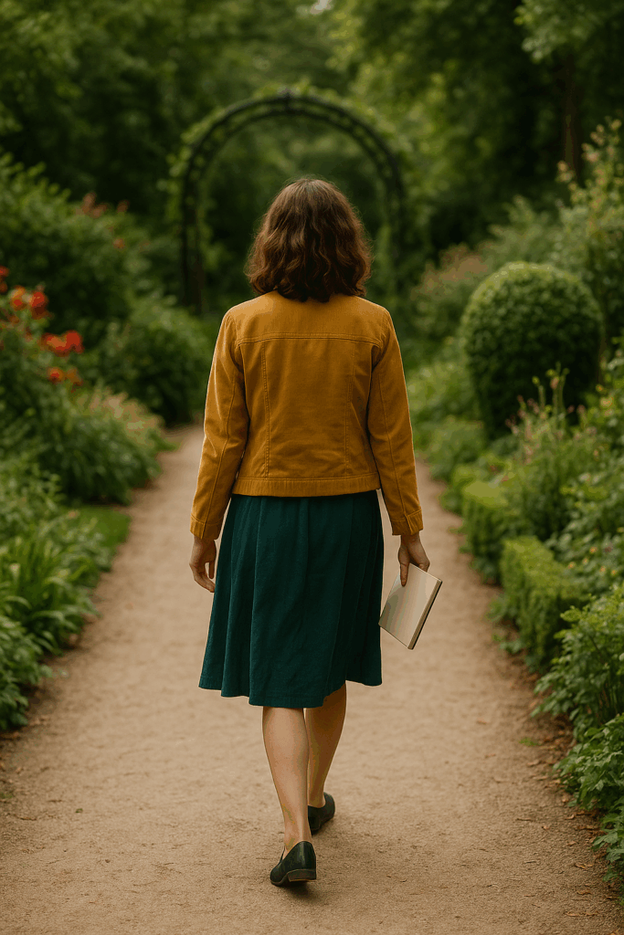 A woman with shoulder-length brown hair walks alone down a garden path, holding a notebook in her right hand. She wears a mustard-yellow jacket and a dark green dress. The path is lined with lush greenery and blooming red flowers, with a metal archway visible in the distance, evoking a sense of quiet reflection and creative solitude.
