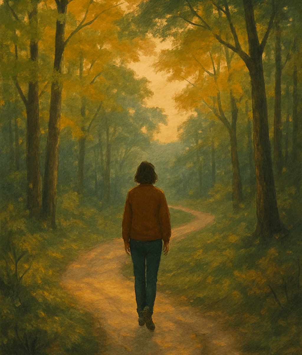 A contemplative person walks a winding forest path at sunset, symbolizing a life lived with integrity and quiet purpose, rather than conventional success.