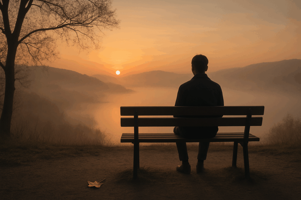 A solitary figure sits on a bench at dawn, overlooking a quiet, misty landscape-perhaps a valley or lake. The light is soft, evoking stillness, impermanence, and quiet contemplation. A single fallen leaf rests nearby, hinting at the passage of time. The scene conveys presence, mortality, and the peace that can come from accepting both.