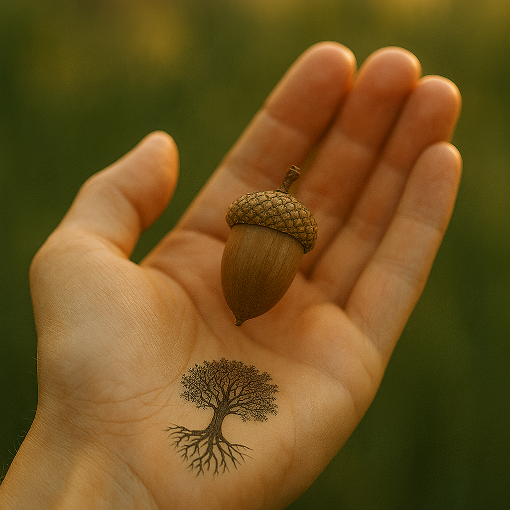 A close-up of an open hand gently cradling an acorn. On the palm is a tattoo of a tree with visible roots, symbolizing growth and potential. The background is softly blurred with natural green tones.