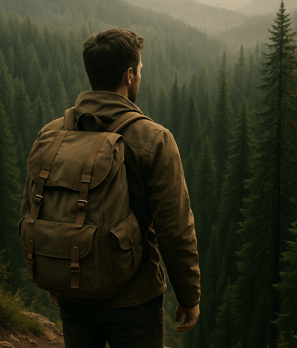 Man with backpack standing on a mountain trail, overlooking a misty evergreen forest at sunrise, symbolizing exploration, reflection, and connection with nature.