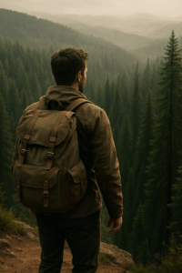 Man with backpack standing on a mountain trail, overlooking a misty evergreen forest at sunrise, symbolizing exploration, reflection, and connection with nature.