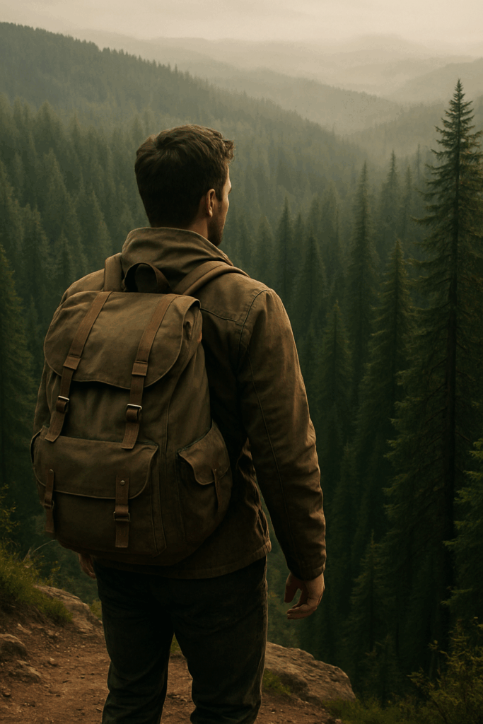 Man with backpack standing on a mountain trail, overlooking a misty evergreen forest at sunrise, symbolizing exploration, reflection, and connection with nature.