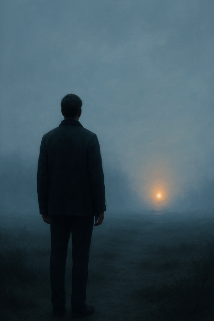 A solitary man in a dark suit stands on a misty path at dawn, gazing toward a small glowing light on the horizon, symbolizing hope and meaning in uncertainty