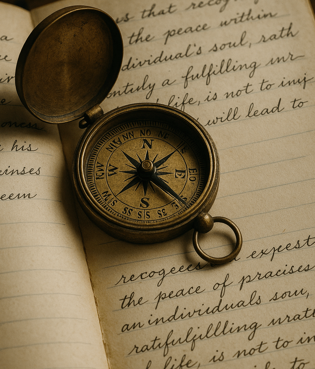 A vintage brass compass on a handwritten journal, representing guidance, self-discovery, and finding direction in life’s journey.