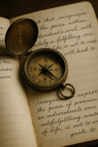 A vintage brass compass on a handwritten journal, representing guidance, self-discovery, and finding direction in life’s journey.