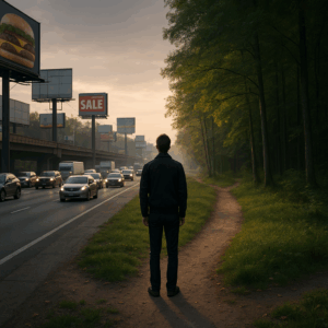 A person stands between a busy road of consumer culture and a peaceful forest path, symbolizing a choice between the dominant paradigm and a soulful alternative.
