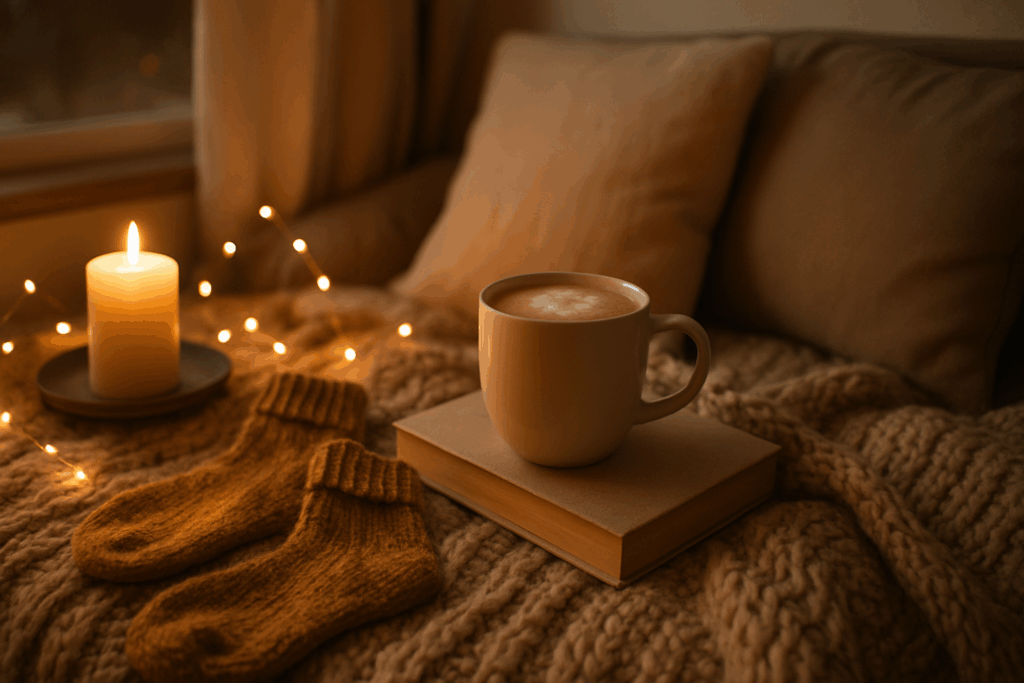 A cozy hygge scene with a lit candle, warm knitted socks, a cup of coffee resting on a book, and soft fairy lights on a chunky blanket - evoking warmth, comfort, and soulful living.
