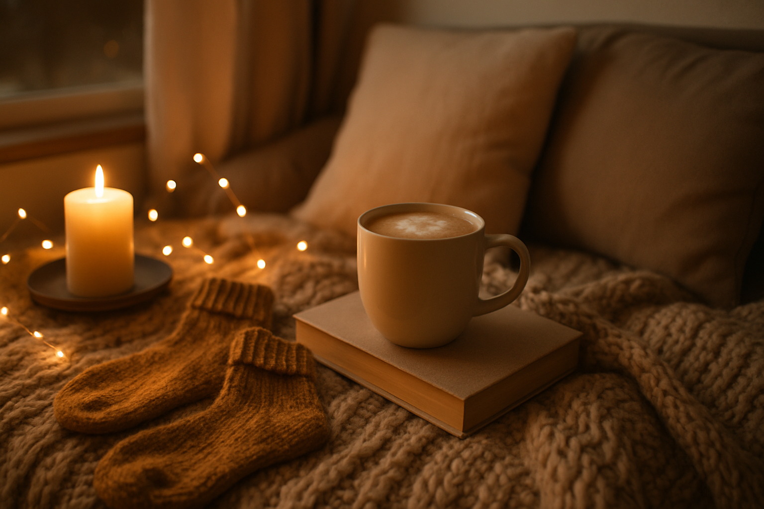 A cozy hygge scene with a lit candle, warm knitted socks, a cup of coffee resting on a book, and soft fairy lights on a chunky blanket - evoking warmth, comfort, and soulful living.