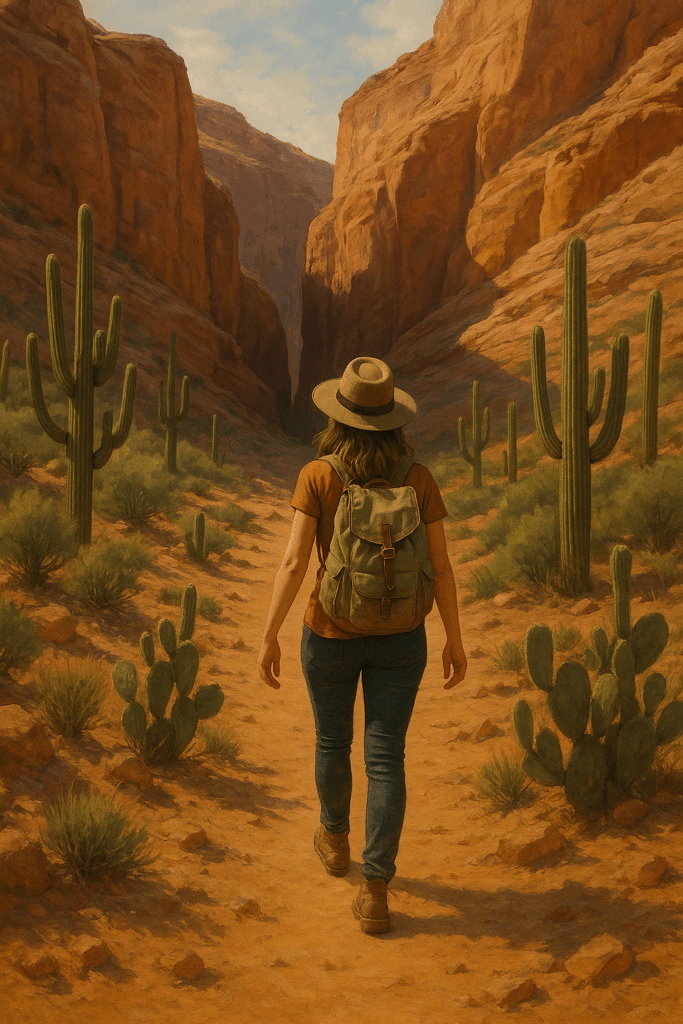 A woman with a backpack walks into a desert canyon lined with tall cacti and red rock cliffs, symbolizing a soulful journey of exploration and self-discovery.