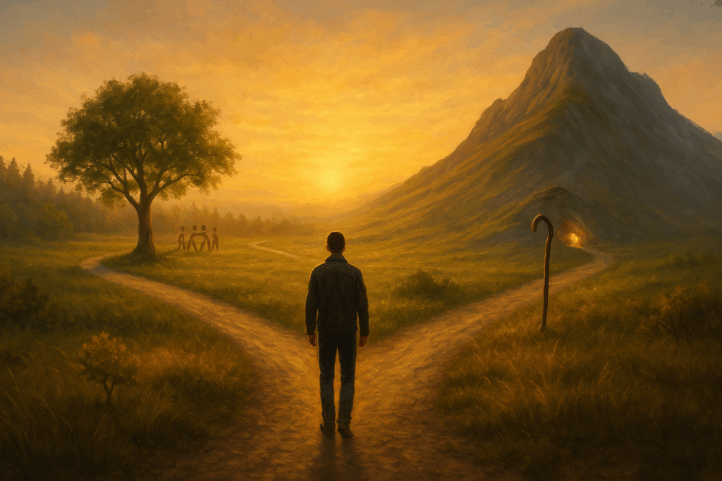 A person stands at a crossroads at sunrise, choosing between a forest path with people gathered under a tree and a mountain path leading to a glowing cave, symbolising life choices, self-actualization, transcendence, and wisdom.