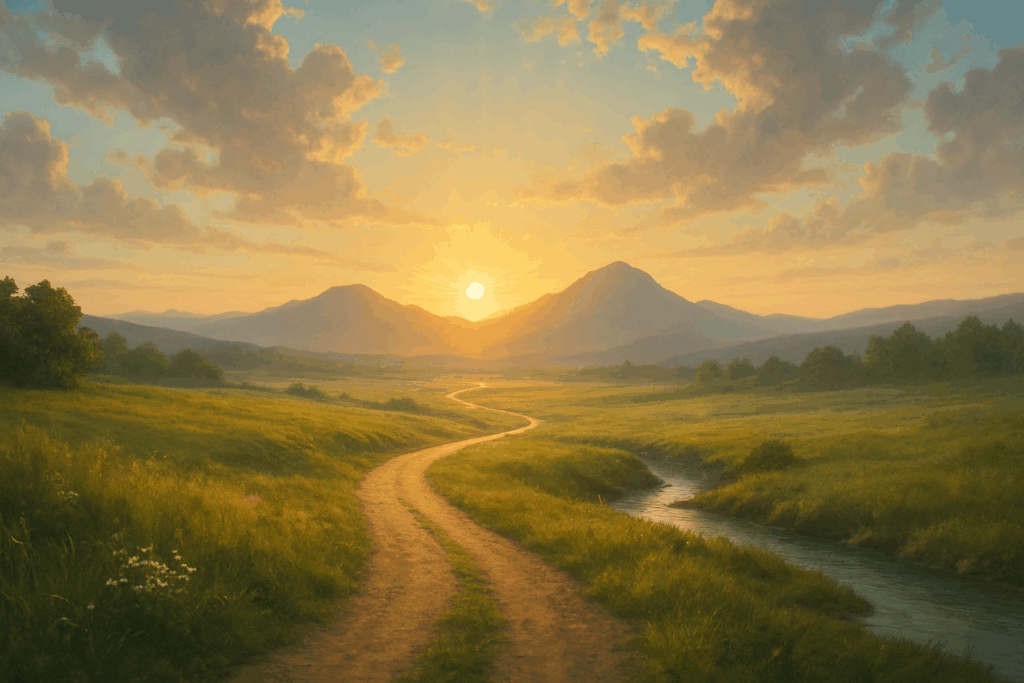 A golden sunrise over distant mountains, casting warm light across a green valley. A winding dirt path and a gentle stream lead the eye toward the horizon, symbolizing hope, resilience, and the journey of self-discovery