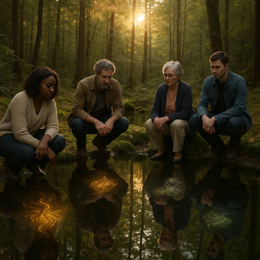 Four people of different ages and backgrounds kneel by a forest pond at sunset, their reflections glowing with unique golden light patterns, symbolizing personality and self-discovery