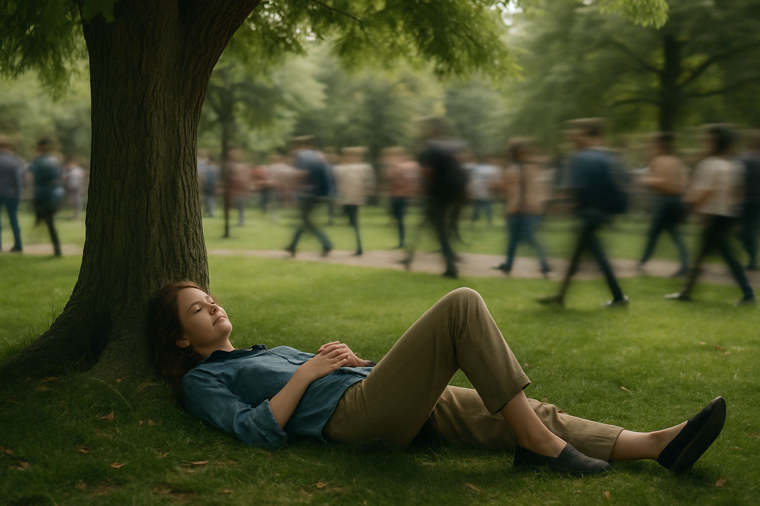 A person lies peacefully under a large tree, surrounded by nature, while a blurred crowd rushes past in the background -symbolising stillness amidst hustle