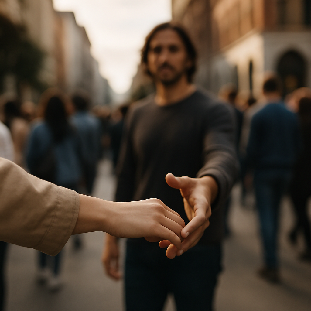 A close-up of two people reaching out to connect amidst a quiet urban crowd - symbolising a move from isolation to interdependence.