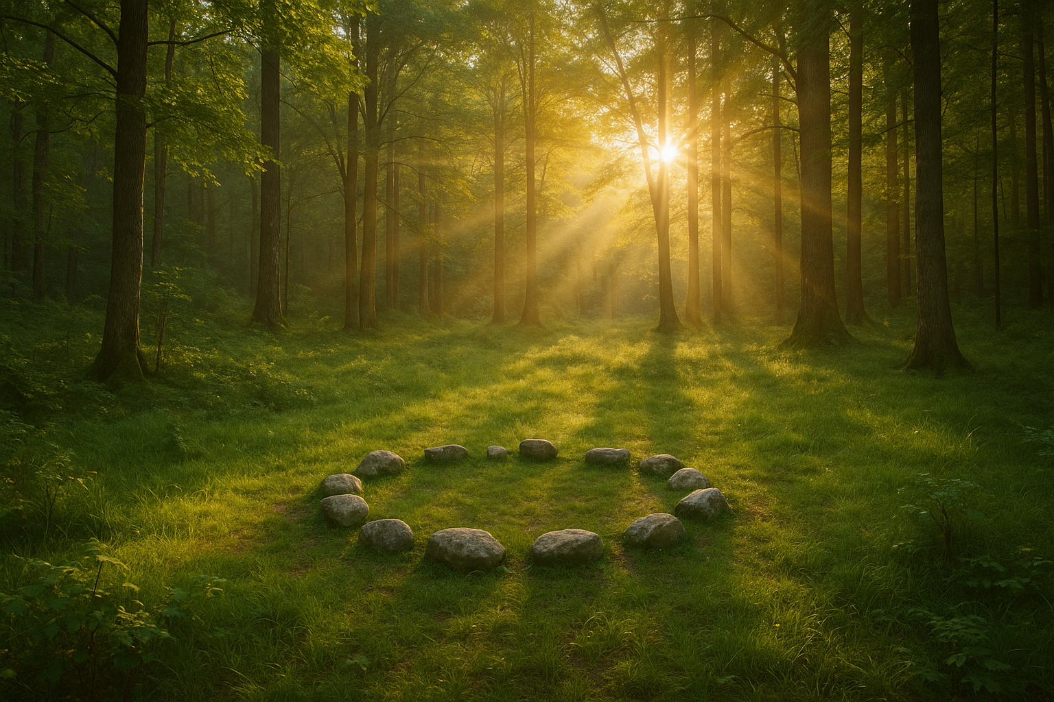 A sunlit woodland clearing with dappled golden light filtering through tall trees, and a small circle of stones in the grass, symbolising connection and shared purpose.