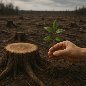A tree stump in a deforested landscape, juxtaposed with a small sapling protected by a hand - symbolising extraction vs regeneration