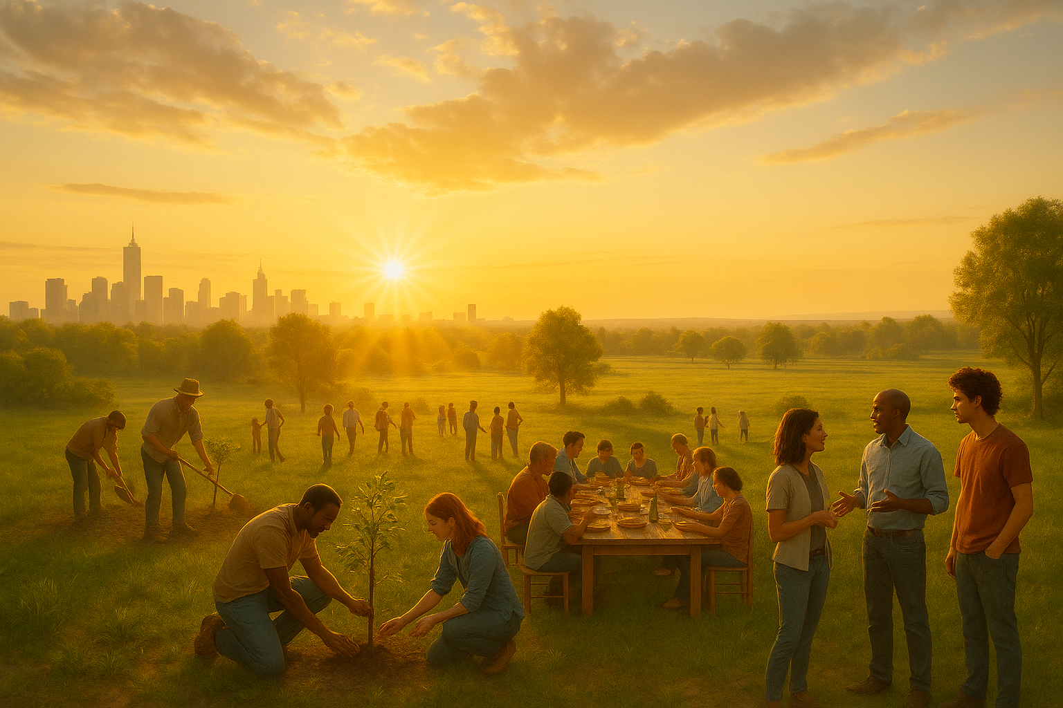 Photo-realistic scene of people planting trees, sharing food, and talking together on a field at sunrise, with a city skyline fading into open land in the background. Symbolizes hope, equality, and collective flourishing.