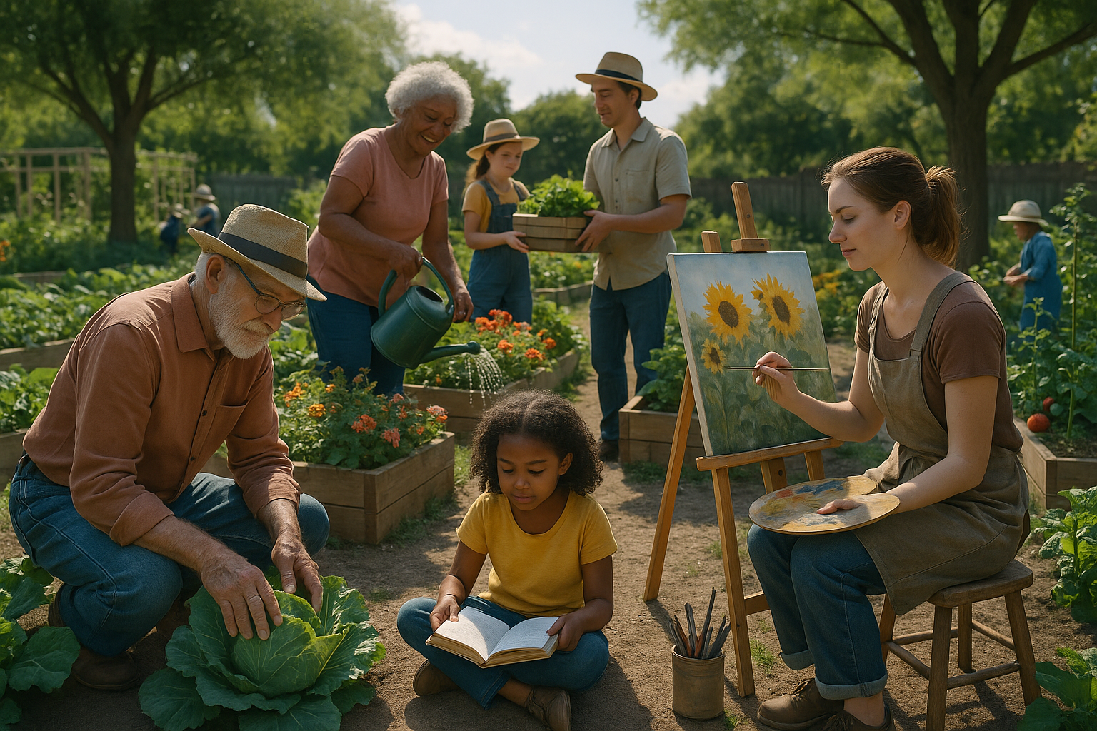 Flourishing community garden. People of all ages work together growing food, reading, and creating art under warm sunlight, symbolizing imagination, renewal, and resilience.