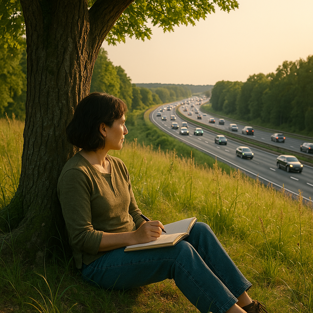 A serene figure journaling under a tree in nature, with a distant highway representing the contrast between inner purpose and external busyness.