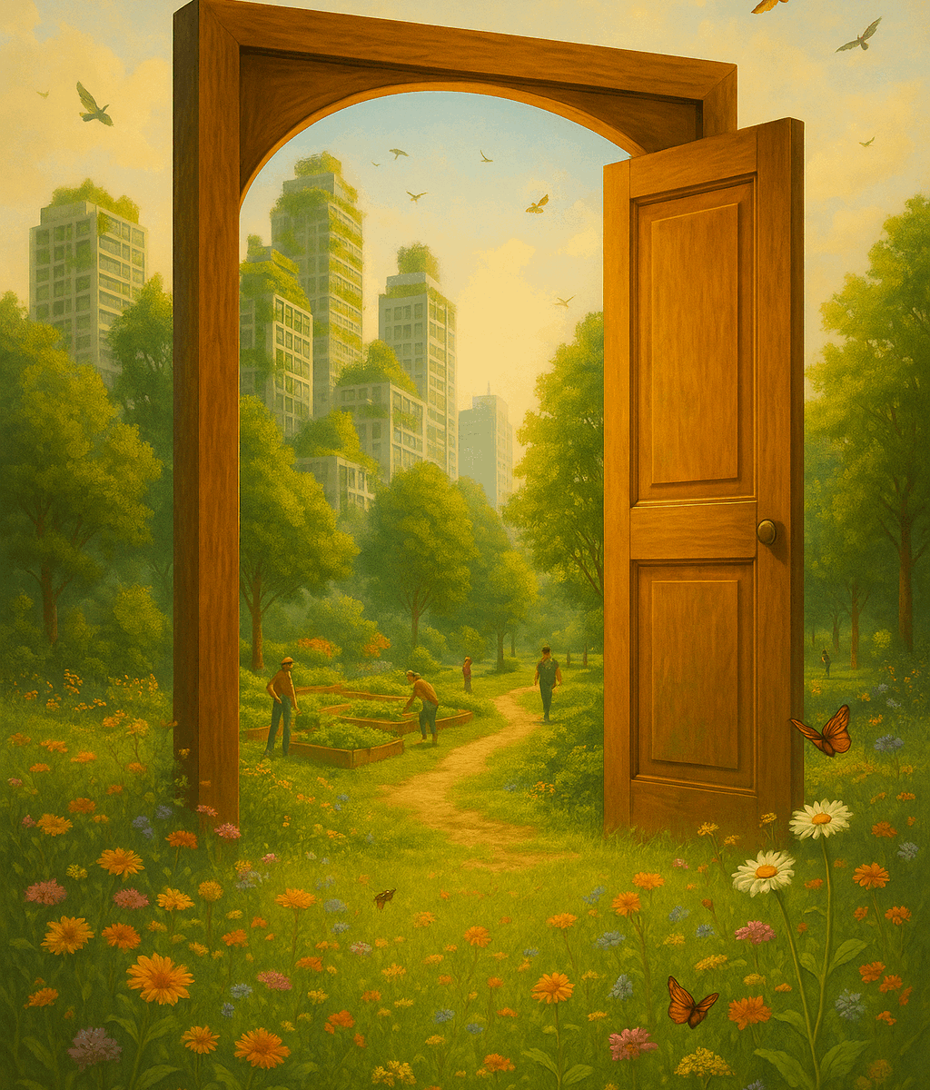 • A surreal, symbolic image of an open door in a meadow leading into a vibrant, flourishing cityscape.