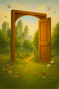 • A surreal, symbolic image of an open door in a meadow leading into a vibrant, flourishing cityscape.
