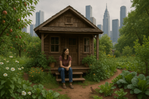 A young woman sits peacefully on the steps of a small wooden house surrounded by a lush garden filled with flowers, vegetables, and fruit trees. Wildlife, including a bird nearby, adds to the sense of harmony. Towering skyscrapers rise in the background, creating a striking contrast between urban development and a grounded, nature-connected way of living. The scene evokes contemplation, simplicity, and soulful resistance to the dominant paradigm.