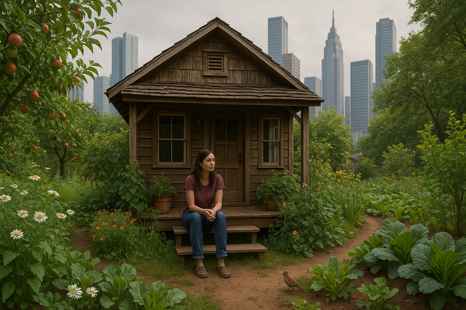 A young woman sits peacefully on the steps of a small wooden house surrounded by a lush garden filled with flowers, vegetables, and fruit trees. Wildlife, including a bird nearby, adds to the sense of harmony. Towering skyscrapers rise in the background, creating a striking contrast between urban development and a grounded, nature-connected way of living. The scene evokes contemplation, simplicity, and soulful resistance to the dominant paradigm.